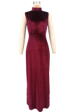 Coffee Elegant Solid Color Slit Mandarin Collar Long Dresses