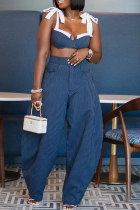 Blue Sexy Stripe Strap Design Spaghetti Strap Sleeveless Two Pieces
