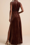 Coffee Elegant Solid Color Slit Mandarin Collar Long Dresses