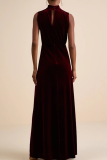 Coffee Elegant Solid Color Slit Mandarin Collar Long Dresses