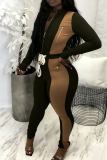 Burgundy Casual Contrast Zipper Collar Long Sleeve Two Pieces