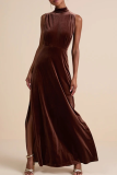 Coffee Elegant Solid Color Slit Mandarin Collar Long Dresses