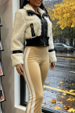 White Casual Solid Color Contrast Zipper Collar Outerwear