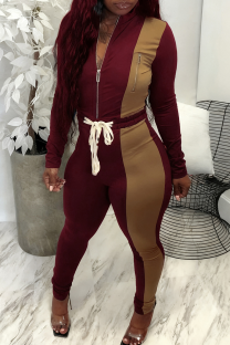 Burgundy Casual Contrast Zipper Collar Long Sleeve Two Pieces