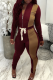 Burgundy Casual Contrast Zipper Collar Long Sleeve Two Pieces