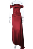 Deep Red Elegant Solid Color High Slit Ruched Off Shoulder Long Dresses