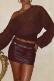 Brown Casual Solid Color Patchwork Oblique Collar Tops