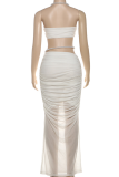 White Sexy Solid Color Pearls Decor Halter Sleeveless Two Pieces