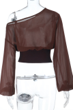 Brown Casual Solid Color Patchwork Oblique Collar Tops