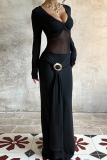 Black Elegant Solid Color See-Through V Neck Long Dresses