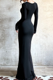 Black Elegant Solid Color See-Through V Neck Long Dresses