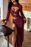 Burgundy Sexy Solid Color Hollow Out O Neck Evening Dresses