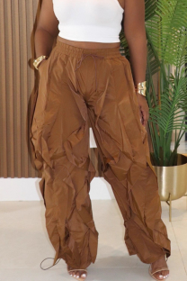 Coffee Casual Solid Color Draw String Loose Conventional Patchwork Bottoms