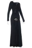 Black Elegant Solid Color See-Through V Neck Long Dresses