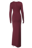 Burgundy Sexy Solid Color Hollow Out O Neck Evening Dresses