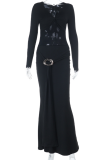 Black Elegant Solid Color See-Through V Neck Long Dresses