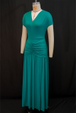 Cyan Green Elegant Solid Color Slit Ruched V Neck Long Dresses