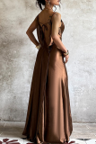 Brown Sexy Solid Color Slit Spaghetti Strap Evening Dresses