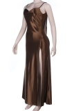 Brown Sexy Solid Color Slit Spaghetti Strap Evening Dresses