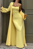Yellow Casual Solid Color Patchwork Spaghetti Strap Long Sleeve Two Pieces