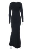Black Elegant Solid Color See-Through V Neck Long Dresses