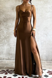 Brown Sexy Solid Color Slit Spaghetti Strap Evening Dresses
