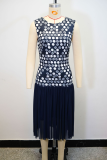 Blue Elegant Print Pleated O Neck Long Dresses