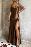 Brown Sexy Solid Color Slit Spaghetti Strap Evening Dresses