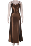 Brown Sexy Solid Color Slit Spaghetti Strap Evening Dresses