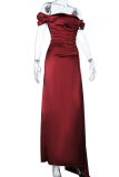 Deep Red Elegant Solid Color High Slit Ruched Off Shoulder Long Dresses