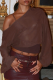 Brown Casual Solid Color Patchwork Oblique Collar Tops