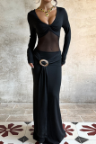 Black Elegant Solid Color See-Through V Neck Long Dresses