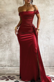 Deep Red Elegant Solid Color High Slit Ruched Off Shoulder Long Dresses