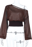 Brown Casual Solid Color Patchwork Oblique Collar Tops
