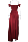 Deep Red Elegant Solid Color High Slit Ruched Off Shoulder Long Dresses