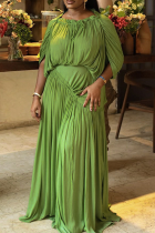 Green Yellow Elegant Solid Color Ruched O Neck Long Dresses