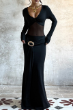 Black Elegant Solid Color See-Through V Neck Long Dresses
