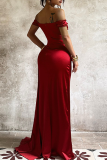 Deep Red Elegant Solid Color High Slit Ruched Off Shoulder Long Dresses