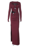 Burgundy Sexy Solid Color Hollow Out O Neck Evening Dresses