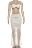 White Sexy Solid Color Pearls Decor Halter Sleeveless Two Pieces