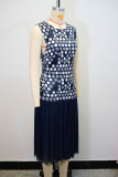Blue Elegant Print Pleated O Neck Long Dresses
