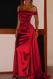 Deep Red Elegant Solid Color High Slit Ruched Off Shoulder Long Dresses
