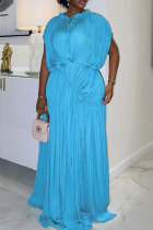 Sky Blue Elegant Solid Color Ruched O Neck Long Dresses