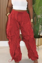 Red Casual Solid Color Draw String Loose Conventional Patchwork Bottoms