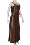 Brown Sexy Solid Color Slit Spaghetti Strap Evening Dresses
