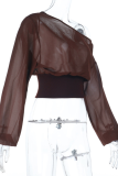 Brown Casual Solid Color Patchwork Oblique Collar Tops