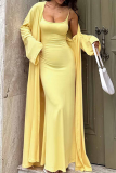 Yellow Casual Solid Color Patchwork Spaghetti Strap Long Sleeve Two Pieces