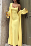 Yellow Casual Solid Color Patchwork Spaghetti Strap Long Sleeve Two Pieces