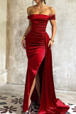 Deep Red Elegant Solid Color High Slit Ruched Off Shoulder Long Dresses
