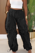 Black Casual Solid Color Draw String Loose Conventional Patchwork Bottoms